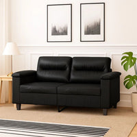 2 Seater Sofa, Black Faux Leather, Tufted Cushions, Steel, 59 Inch - BM340516