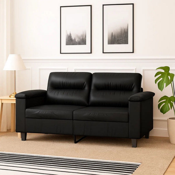 2 Seater Sofa, Black Faux Leather, Tufted Cushions, Steel, 59 Inch - BM340516