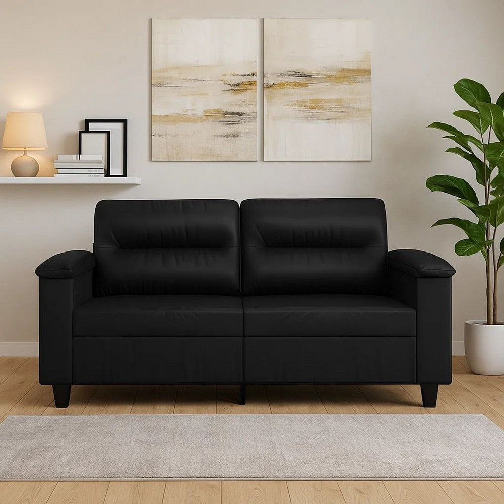 2 Seater Sofa, Black Faux Leather, Tufted Cushions, Steel, 59 Inch - BM340516
