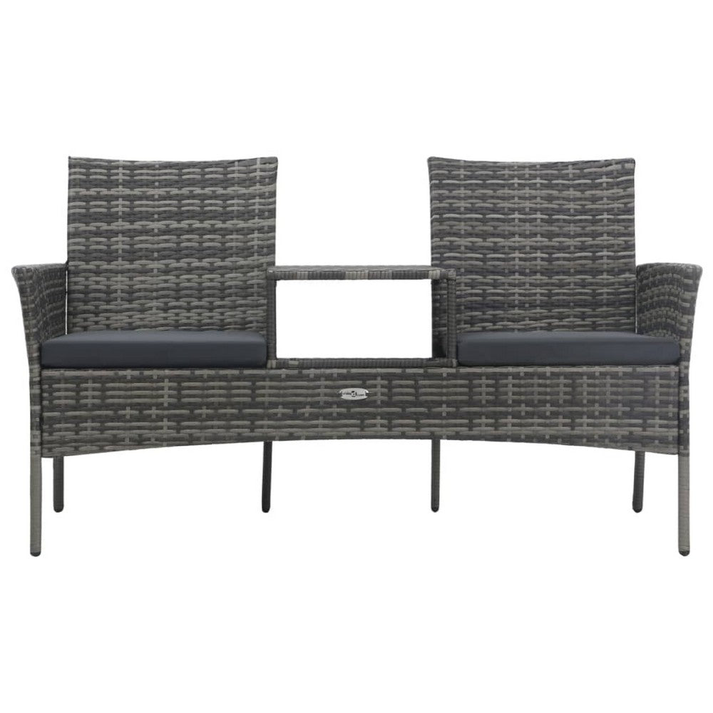 Garden Bench with Center Tea Table, Anthracite Gray Wicker Rattan, 60 Inch - BM340521