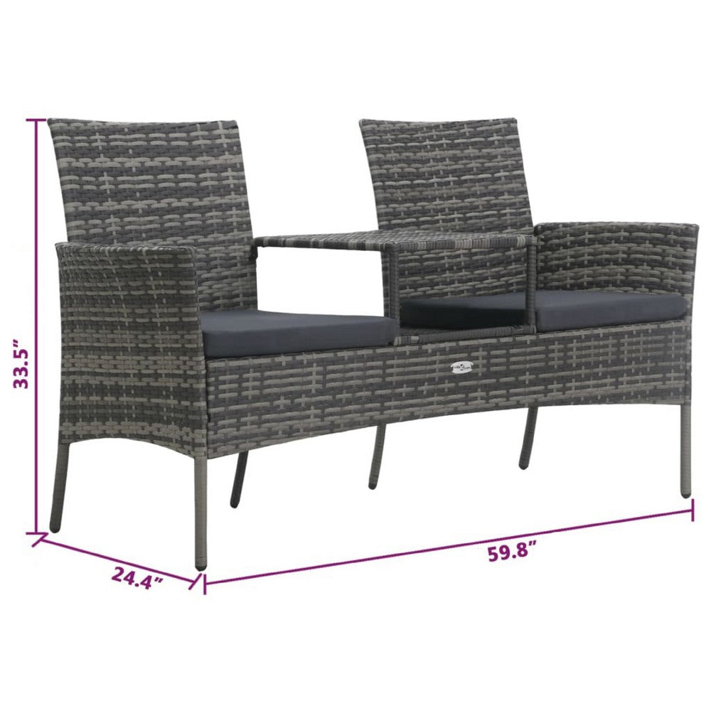 Garden Bench with Center Tea Table, Anthracite Gray Wicker Rattan, 60 Inch - BM340521