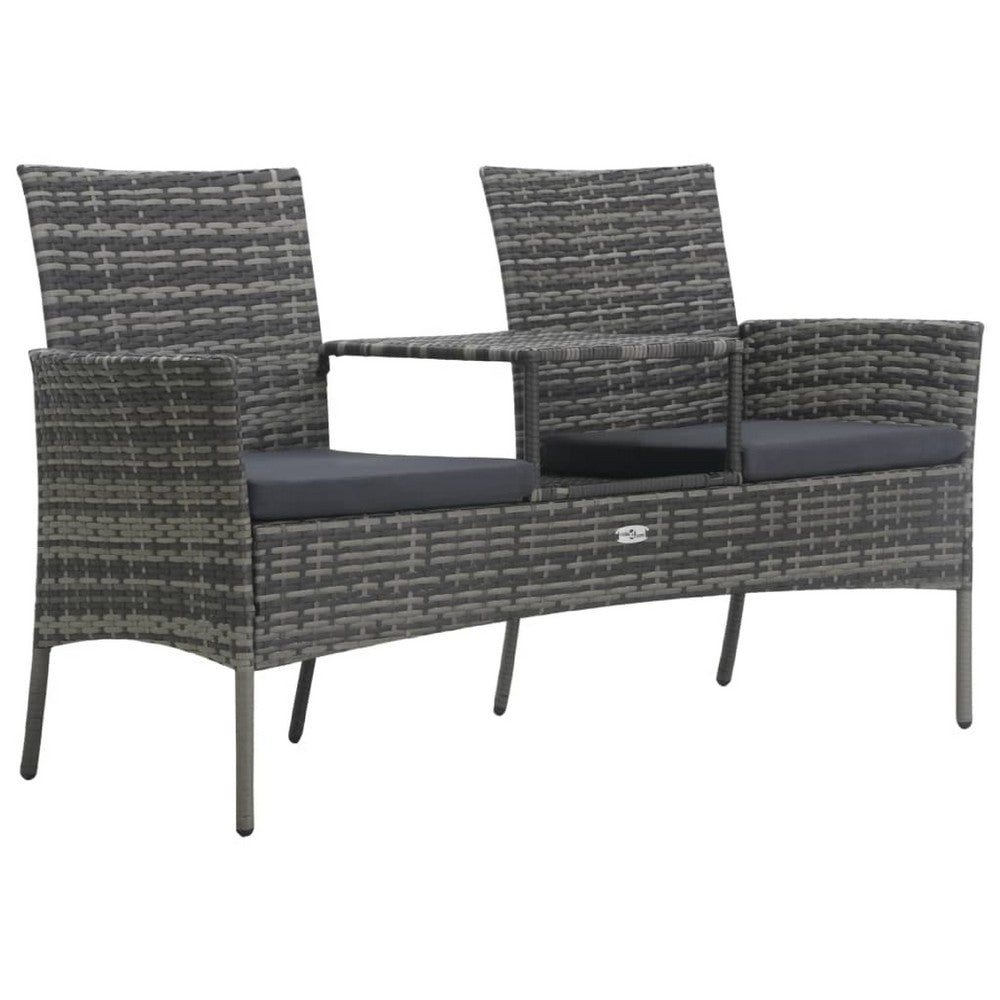 Garden Bench with Center Tea Table, Anthracite Gray Wicker Rattan, 60 Inch - BM340521