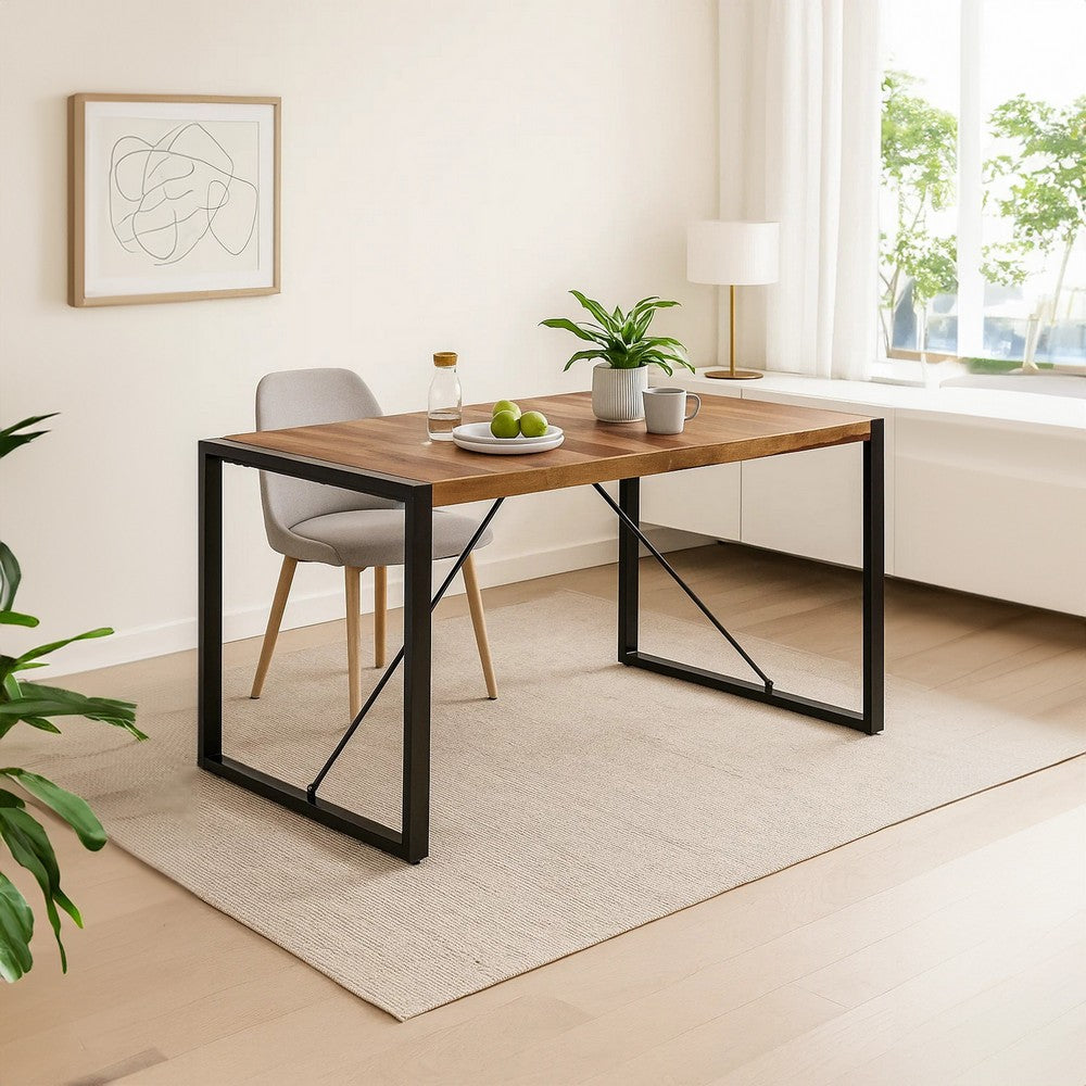 Rezza Dining Table, 63 Inch Brown Solid Mango Wood Top, Black Steel - BM340523