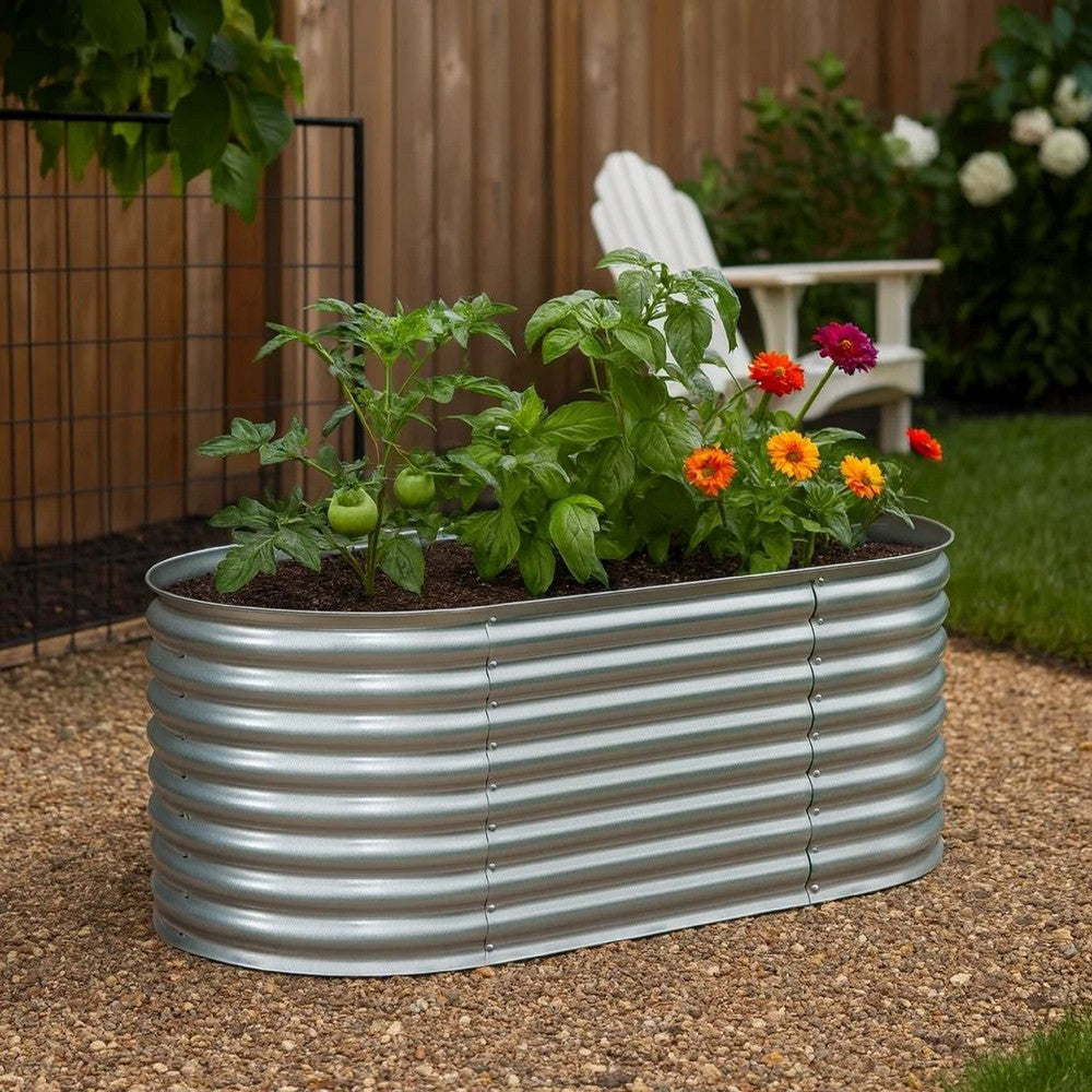 Eline Outdoor Raised Garden Bed, Silver Steel, Ribbed Design, 63 Inch - BM340525