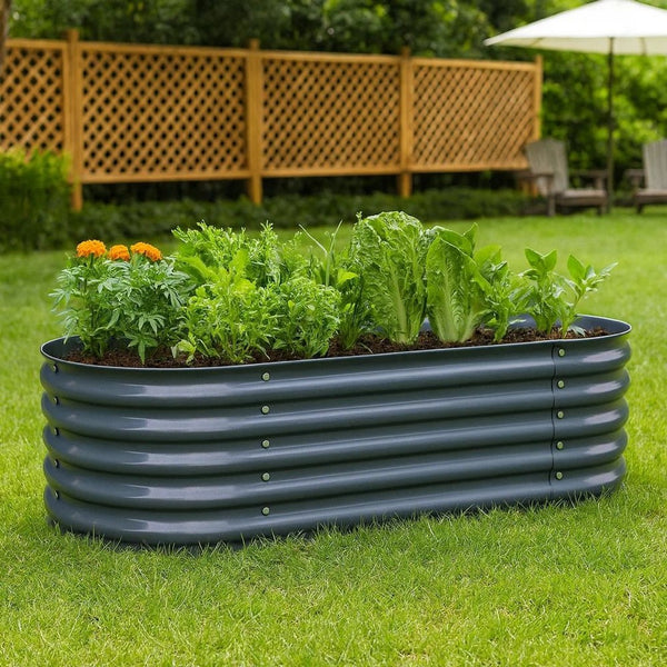 Eline Outdoor Raised Garden Bed, Gray Steel, Ribbed Design, 63 Inch - BM340527