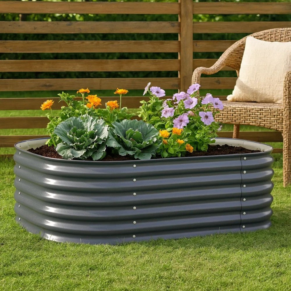 Eline Outdoor Raised Garden Bed, Gray Steel, Ribbed Design, 63 Inch - BM340527