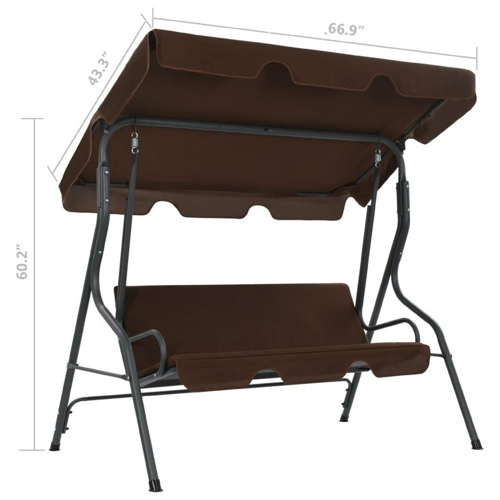 Garden Swing Bench, Gray Powder-Coated Steel, Brown Fabric, 67 Inch - BM340529