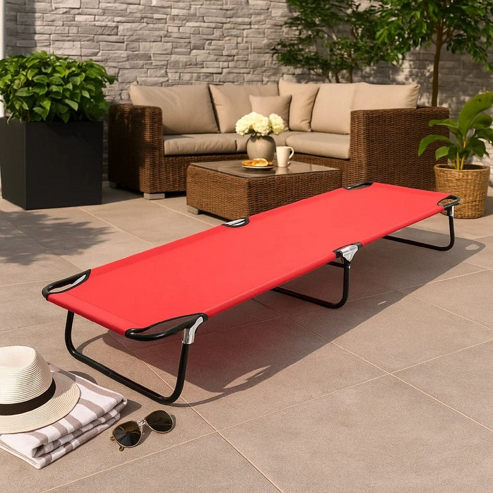 Outdoor Chaise Lounger, Red Polyester, Black Powder-Coated Steel, 75 Inch - BM340539