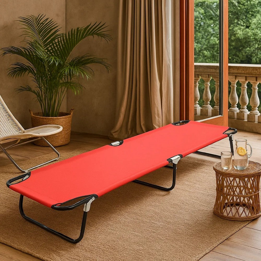 Outdoor Chaise Lounger, Red Polyester, Black Powder-Coated Steel, 75 Inch - BM340539