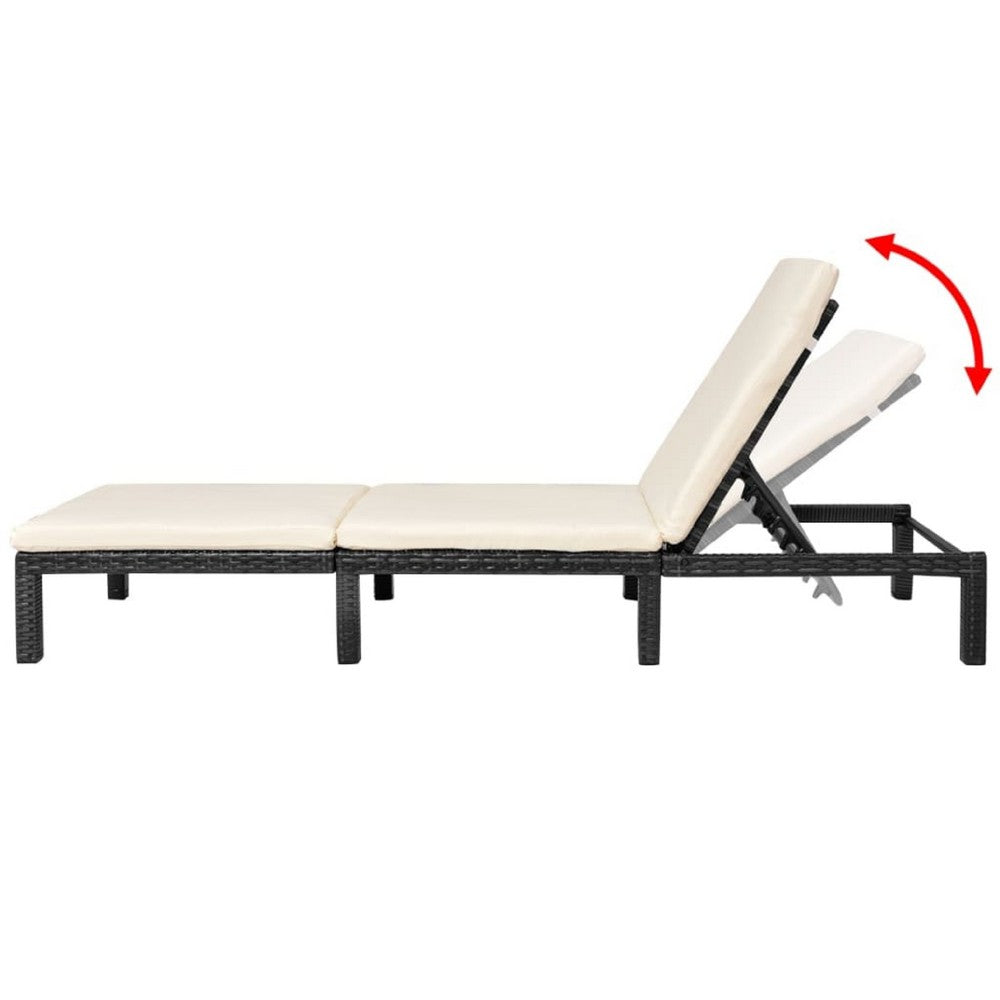 Outdoor Chaise Lounger, Black Poly Rattan, White Cushioned 77 Inch - BM340540