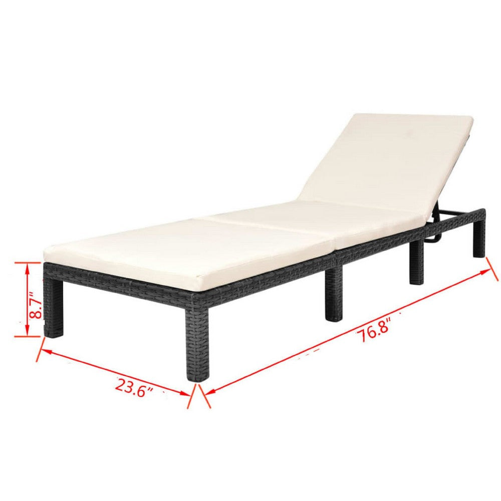 Outdoor Chaise Lounger, Black Poly Rattan, White Cushioned 77 Inch - BM340540