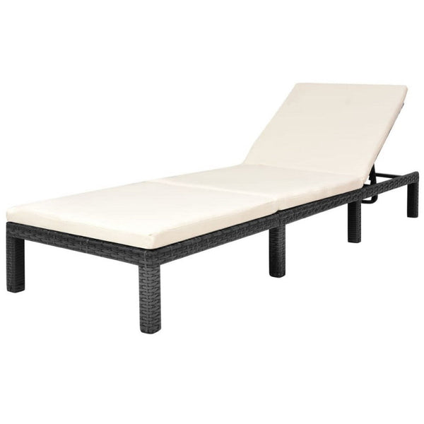 Outdoor Chaise Lounger, Black Poly Rattan, White Cushioned 77 Inch - BM340540