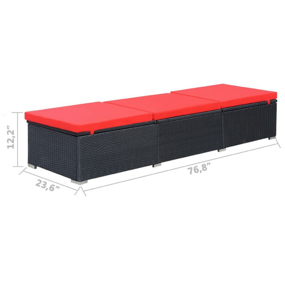 Remie Outdoor Chaise Lounger, Black Poly Rattan, Red Cushions, 77 Inch - BM340544