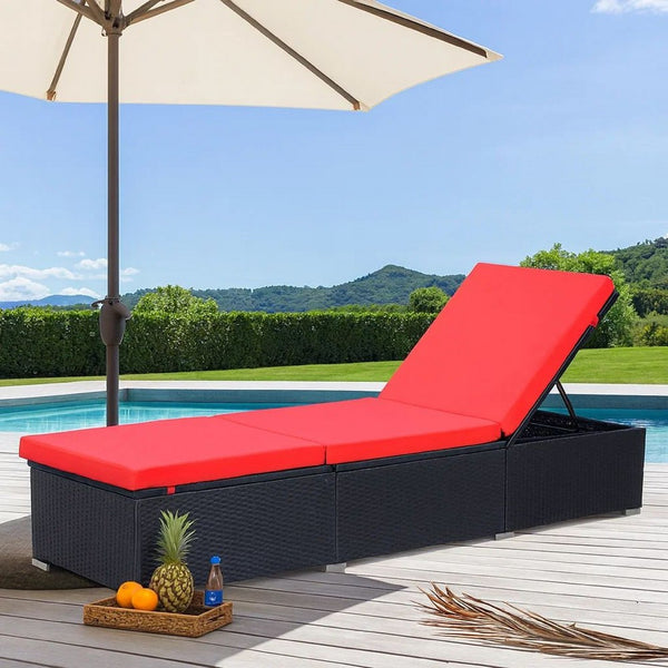 Remie Outdoor Chaise Lounger, Black Poly Rattan, Red Cushions, 77 Inch - BM340544