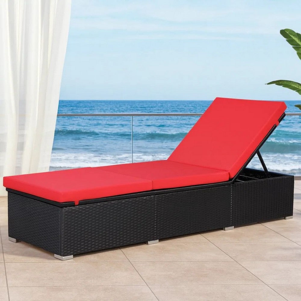 Remie Outdoor Chaise Lounger, Black Poly Rattan, Red Cushions, 77 Inch - BM340544