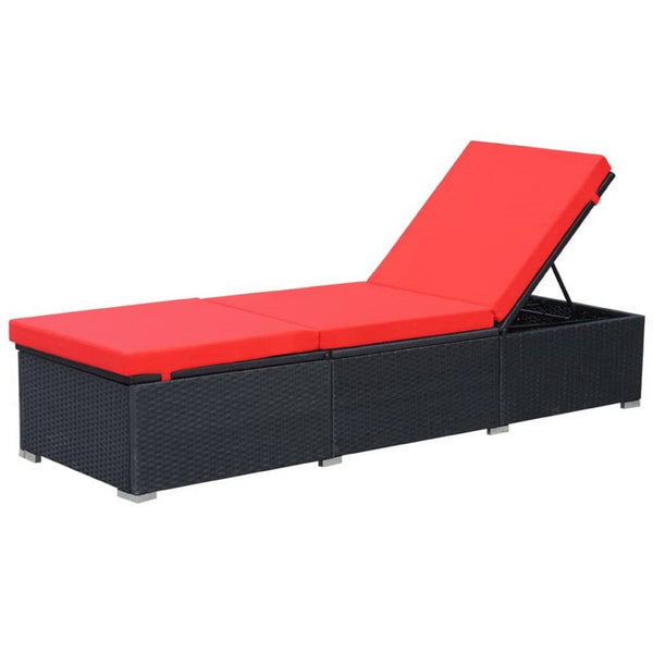 Remie Outdoor Chaise Lounger, Black Poly Rattan, Red Cushions, 77 Inch - BM340544