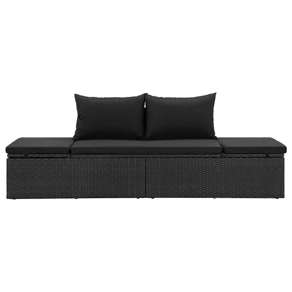 Patio Sun Lounger, Black Poly Rattan, Soft Fabric Cushions, 77 Inch - BM340545
