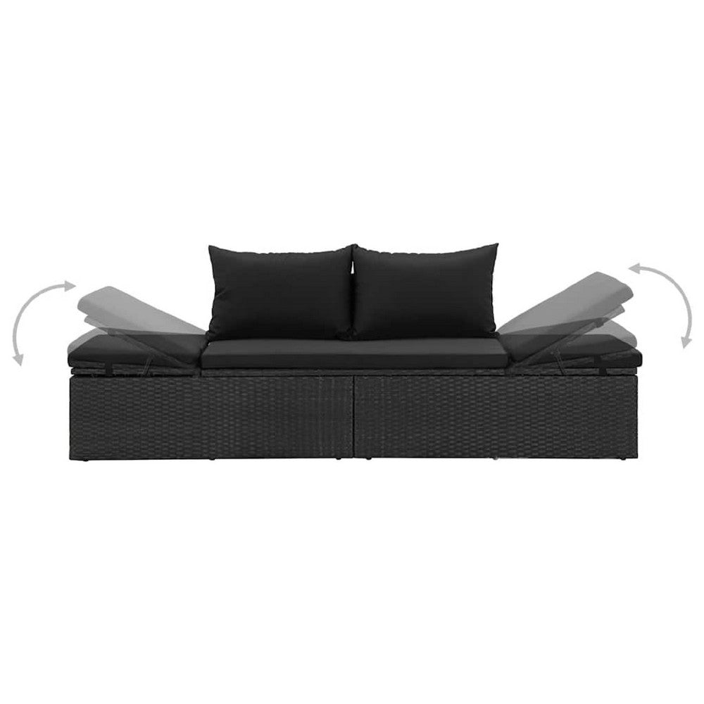 Patio Sun Lounger, Black Poly Rattan, Soft Fabric Cushions, 77 Inch - BM340545