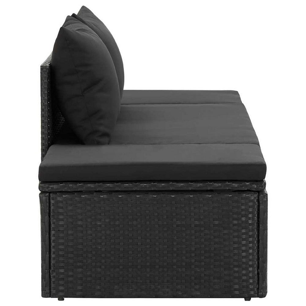 Patio Sun Lounger, Black Poly Rattan, Soft Fabric Cushions, 77 Inch - BM340545