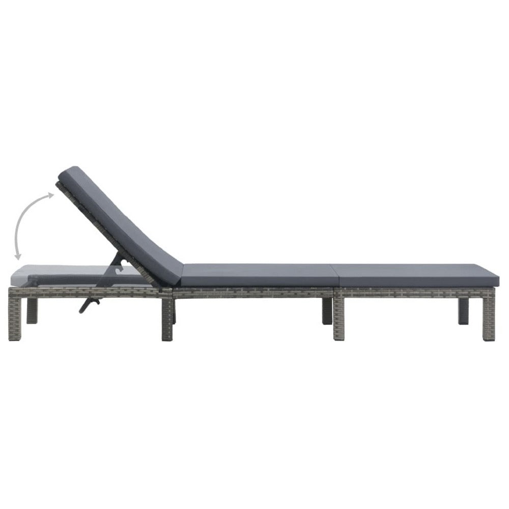 Patio Sun Lounger, Anthracite Gray Poly Rattan, Polyester Cushion 77 Inch - BM340546