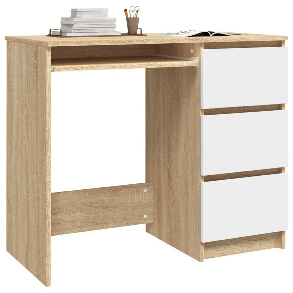 Computer Desk, Faux Oak Brown Wood, 3 Drawers, Keyboard Tray, 35 Inch - BM340551
