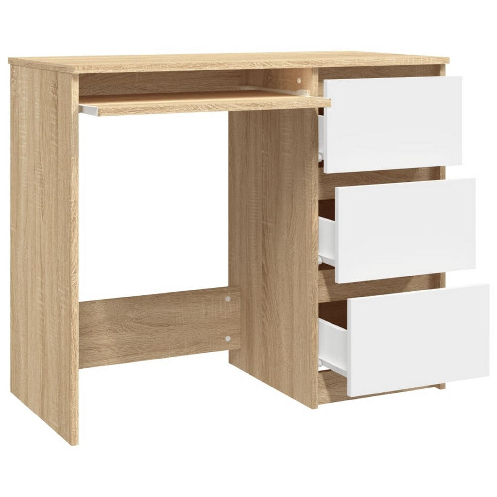 Computer Desk, Faux Oak Brown Wood, 3 Drawers, Keyboard Tray, 35 Inch - BM340551