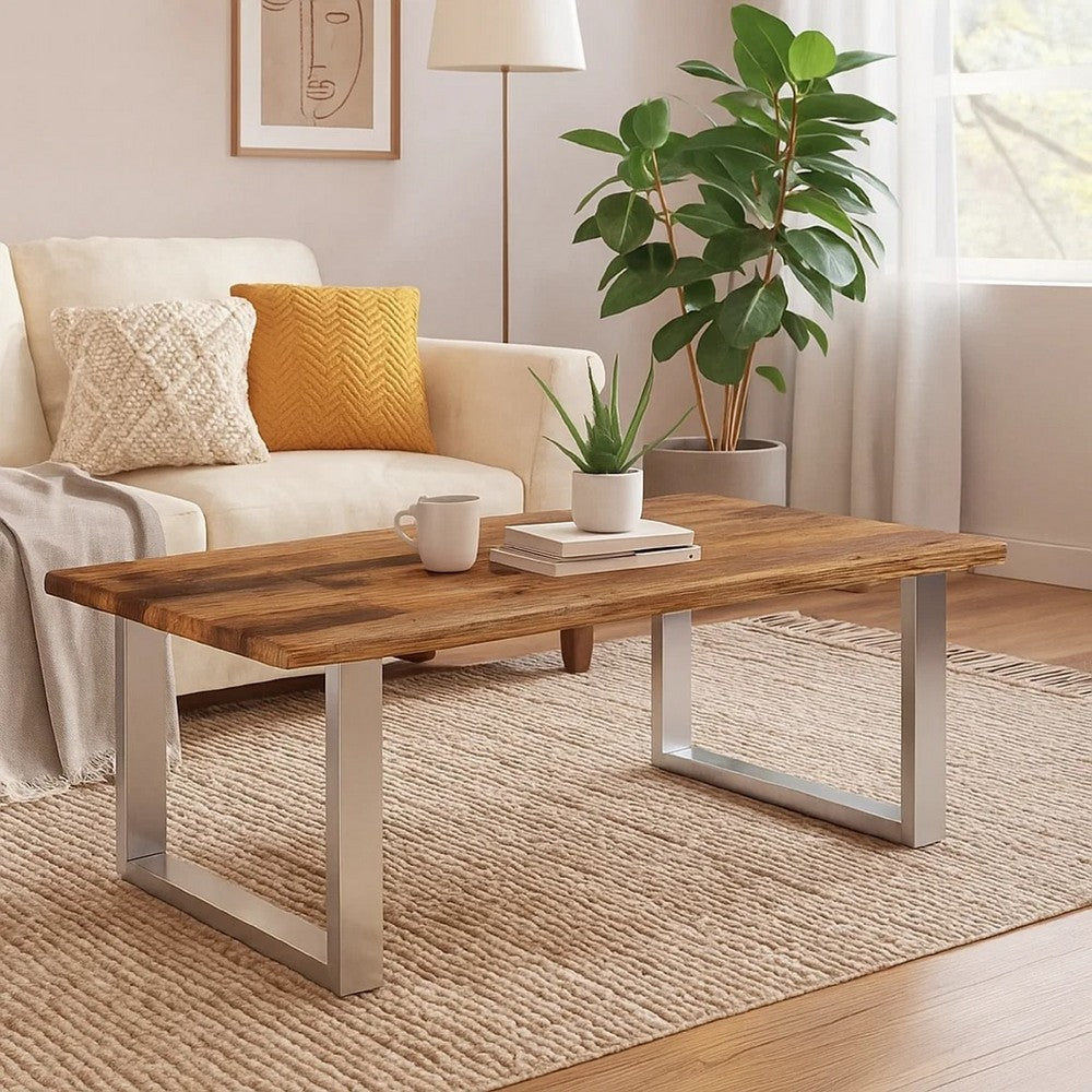 Coffee Table, 39 Inch Brown Reclaimed Wood Top, Metal Sled Base - BM340555