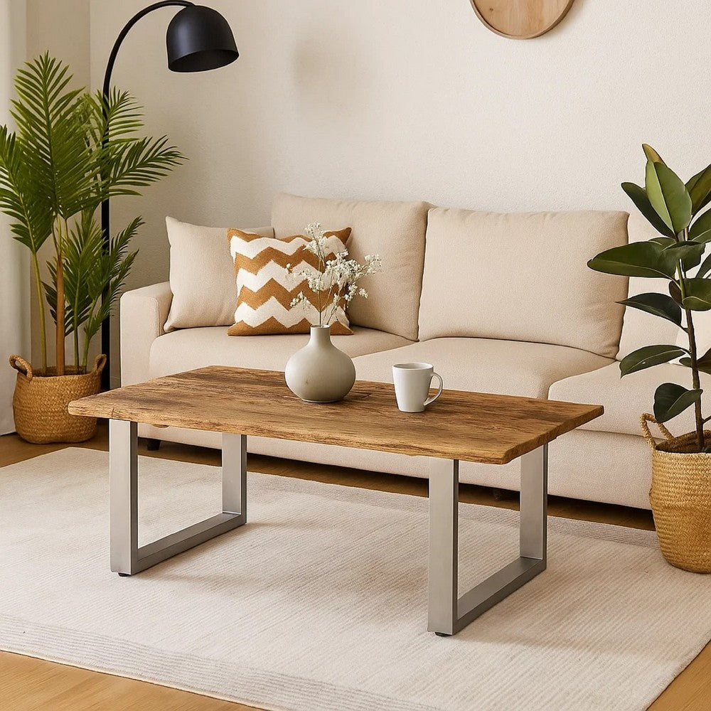 Coffee Table, 39 Inch Brown Reclaimed Wood Top, Metal Sled Base - BM340555