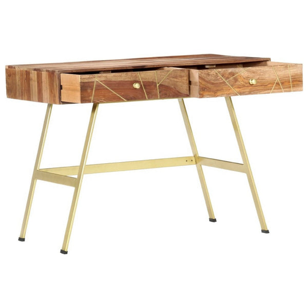 Writing Desk with 2 Drawers, 39 Inch Brown Sheesham Wood, Gold Metal - BM340559