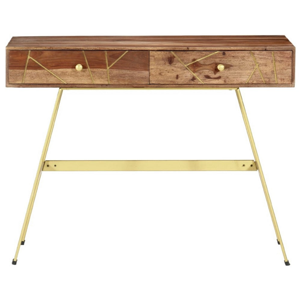 Writing Desk with 2 Drawers, 39 Inch Brown Sheesham Wood, Gold Metal - BM340559