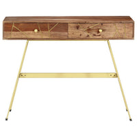 Writing Desk with 2 Drawers, 39 Inch Brown Sheesham Wood, Gold Metal - BM340559