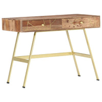 Writing Desk with 2 Drawers, 39 Inch Brown Sheesham Wood, Gold Metal - BM340559