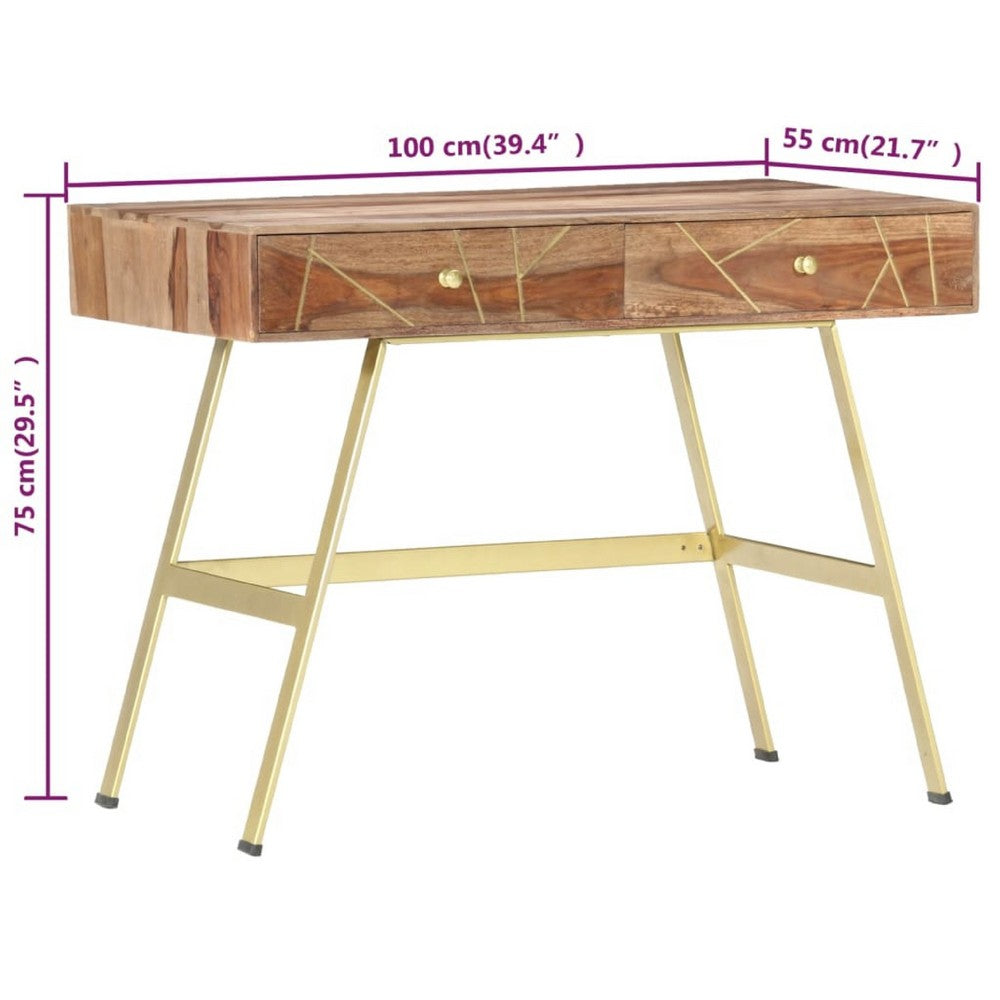 Writing Desk with 2 Drawers, 39 Inch Brown Sheesham Wood, Gold Metal - BM340559
