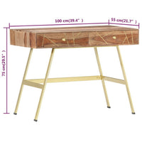 Writing Desk with 2 Drawers, 39 Inch Brown Sheesham Wood, Gold Metal - BM340559
