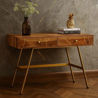 Writing Desk with 2 Drawers, 39 Inch Brown Sheesham Wood, Gold Metal - BM340559