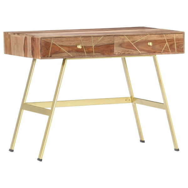 Writing Desk with 2 Drawers, 39 Inch Brown Sheesham Wood, Gold Metal - BM340559