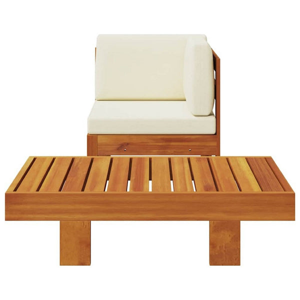 2pc Patio Corner Chair and Coffee Table Set, Slatted Brown Wood, Cream - BM340560
