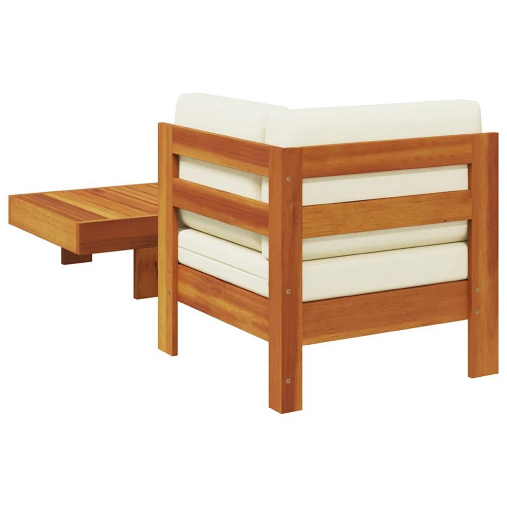 2pc Patio Corner Chair and Coffee Table Set, Slatted Brown Wood, Cream - BM340560