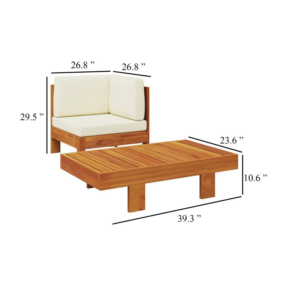 2pc Patio Corner Chair and Coffee Table Set, Slatted Brown Wood, Cream - BM340560