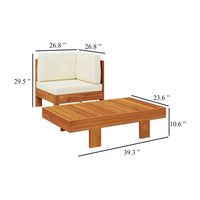 2pc Patio Corner Chair and Coffee Table Set, Slatted Brown Wood, Cream - BM340560