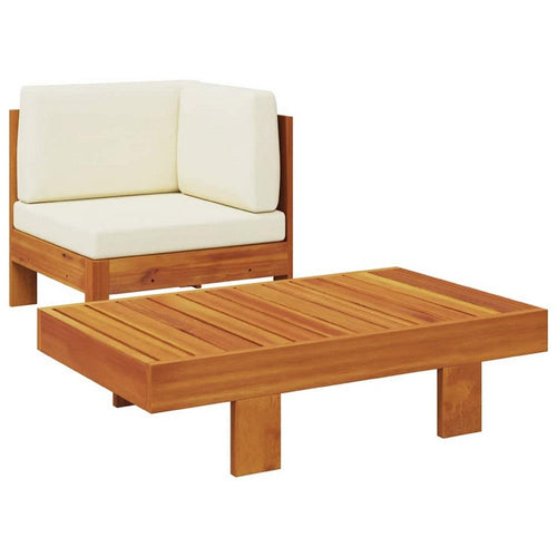 2pc Patio Corner Chair and Coffee Table Set, Slatted Brown Wood, Cream - BM340560