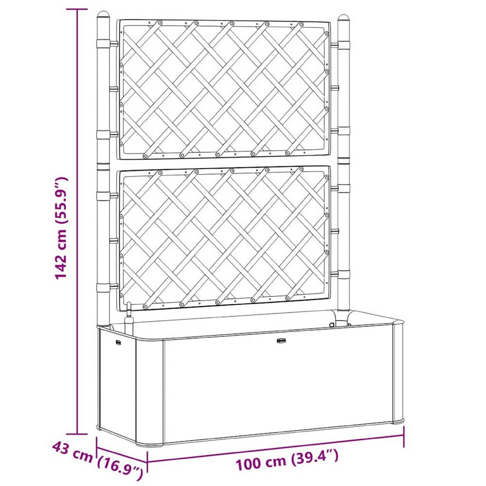 Planter Box with Trellis, 56 Inch Gray Plastic, Open Diamond Design - BM340561