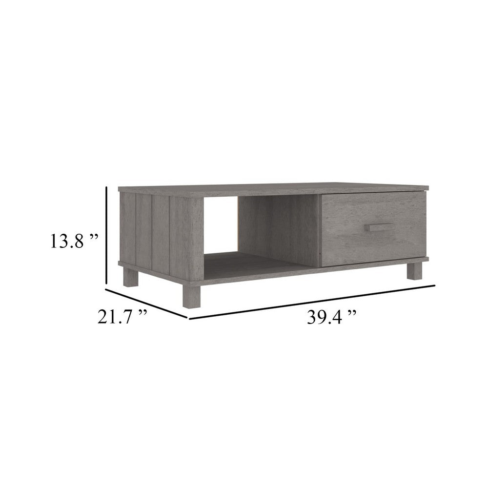 Coffee Table, 1 Drawer and 1 Shelf, Gray Solid Pine Wood, 39 Inch - BM340569