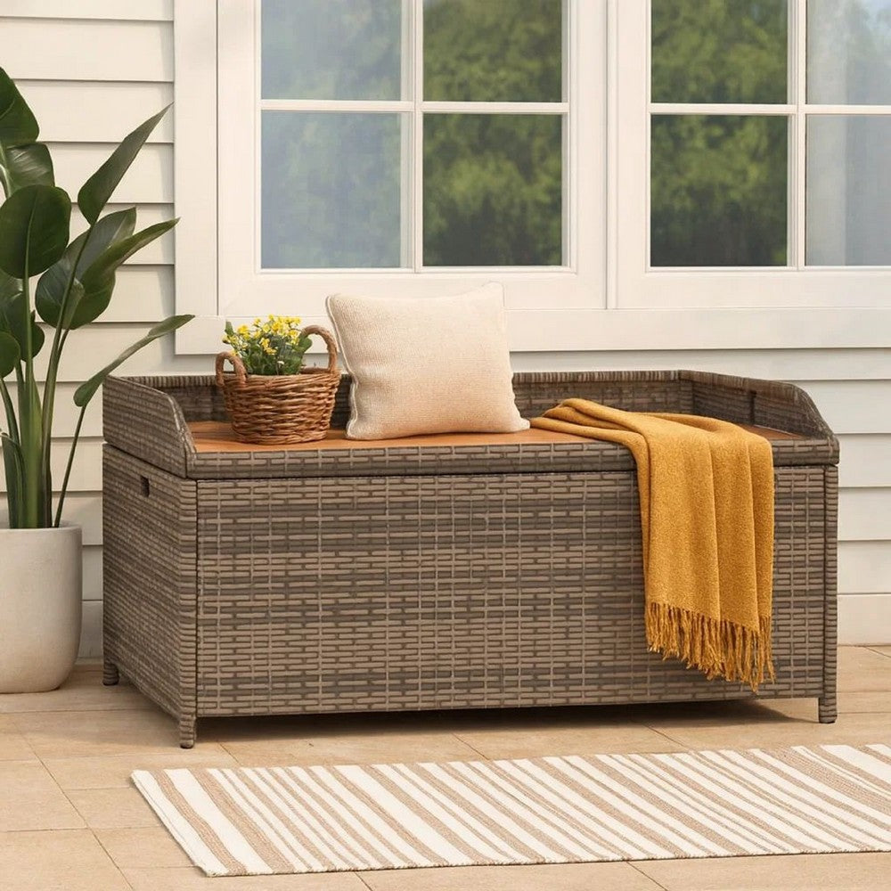 Foto Outdoor Bench, 39 Inch, Gray Wicker Rattan, Under Seat Storage - BM340571