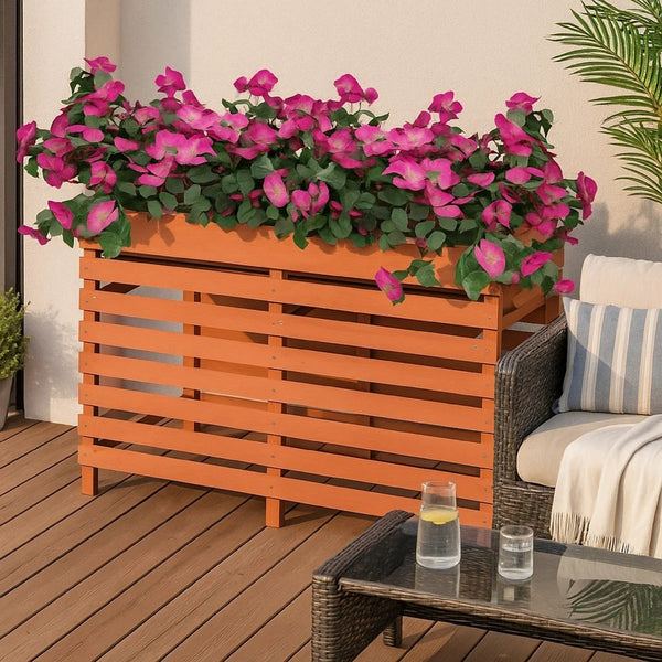 Outdoor Raised Planter 39 Inch, Slatted Design, Brown Solid Fir Wood - BM340572
