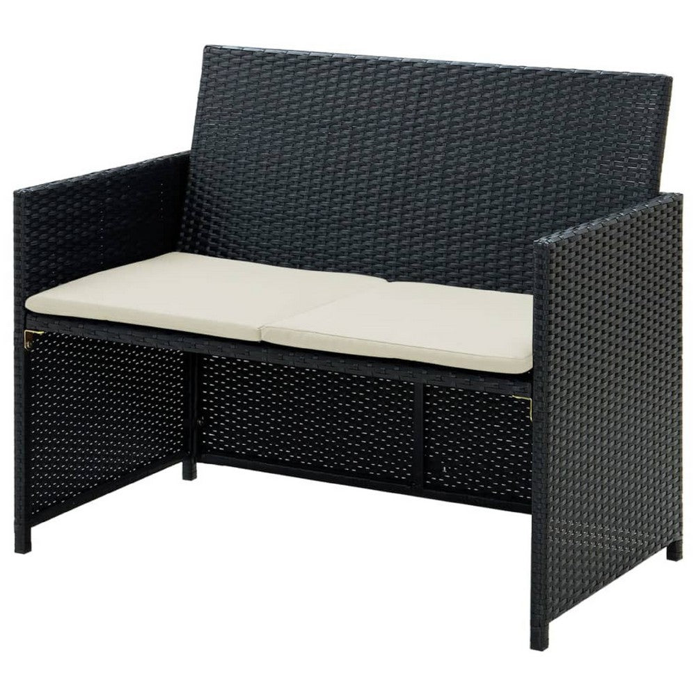 Naha Outdoor Sofa, 39 Inch, Black Wicker Rattan Frame, Beige Padded Seat - BM340573