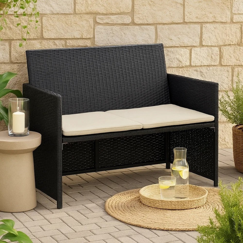 Naha Outdoor Sofa, 39 Inch, Black Wicker Rattan Frame, Beige Padded Seat - BM340573