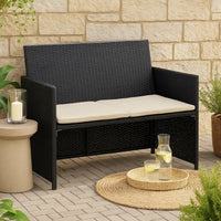 Naha Outdoor Sofa, 39 Inch, Black Wicker Rattan Frame, Beige Padded Seat - BM340573