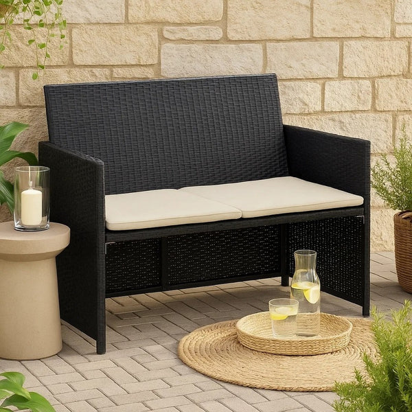 Naha Outdoor Sofa, 39 Inch, Black Wicker Rattan Frame, Beige Padded Seat - BM340573
