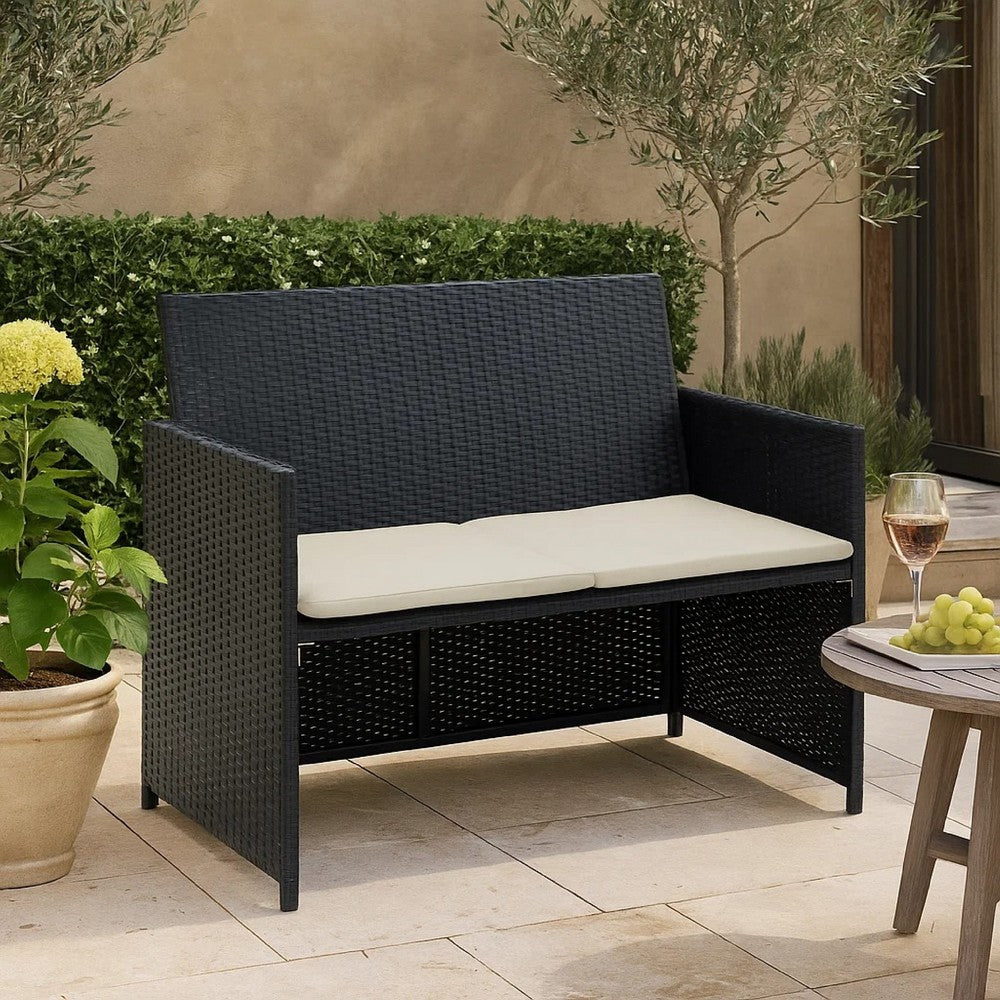 Naha Outdoor Sofa, 39 Inch, Black Wicker Rattan Frame, Beige Padded Seat - BM340573